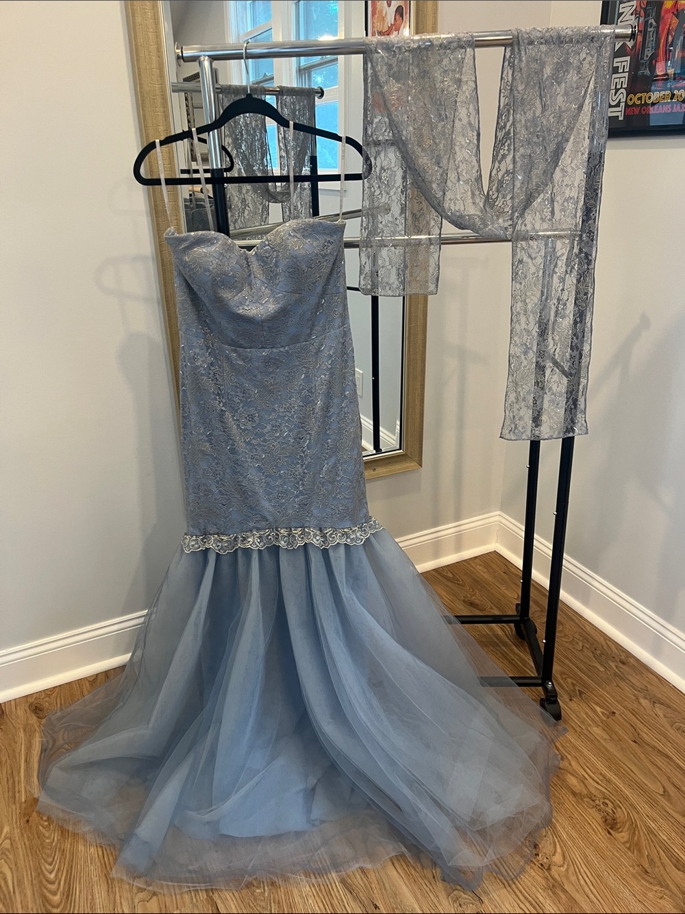 Mikael Aghal Strapless Light Blue Lace Mermaid Gown with Tulle Skirt